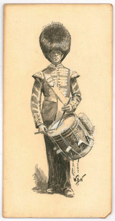 W.R.W   Early 20th Century Charcoal Drawing, Coldstream Guards Drummer photo furniture
