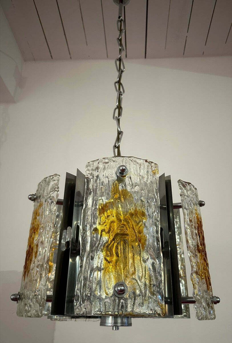 photo buy 1960s Italian Mazzega Polished Chrome & Murano Textured Clear & Amber Glass Pendant Hanging Light