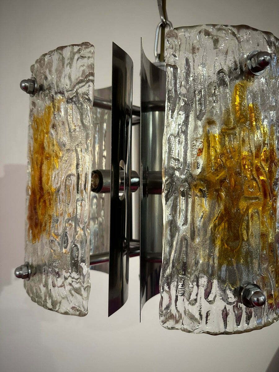 photo vintage 1960s Italian Mazzega Polished Chrome & Murano Textured Clear & Amber Glass Pendant Hanging Light