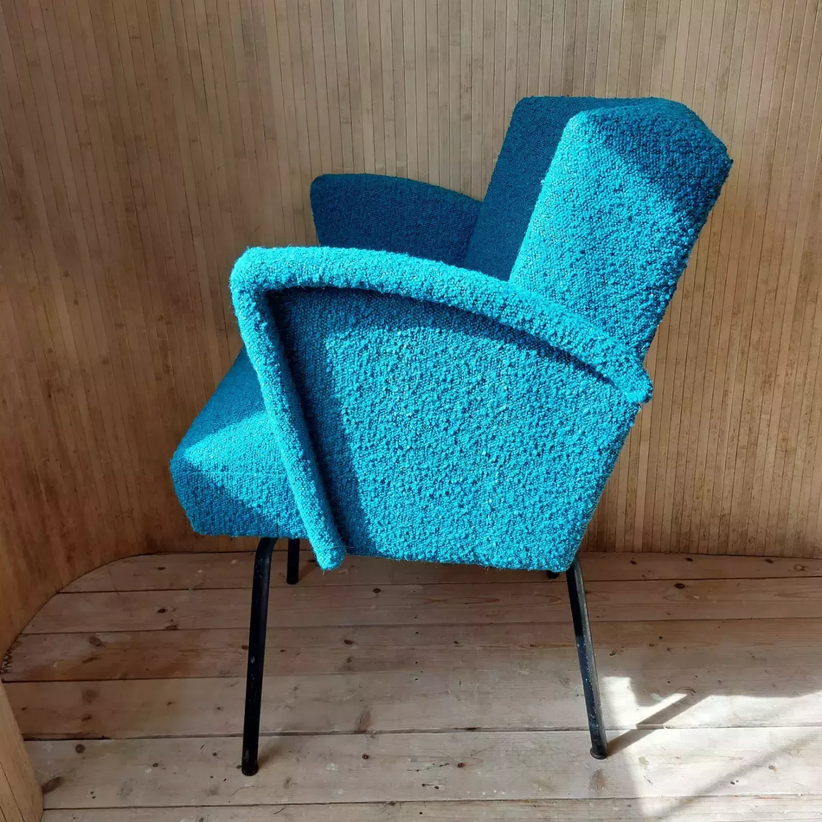 Fab Vintage Mid Century Modern French Metal Side Tub Chair Teal & Black Boucle photo vinterior