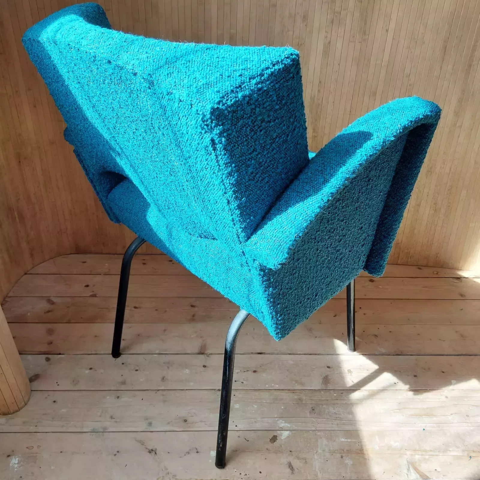 Furniture Fab Vintage Mid Century Modern French Metal Side Tub Chair Teal & Black Boucle photo