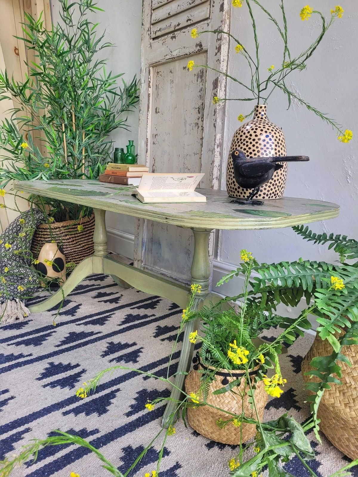 Coffee Table  Green  Handpainted   Country   Farmhouse   Botanical   Occasional Table   Side Table  Fern Print photo furniture
