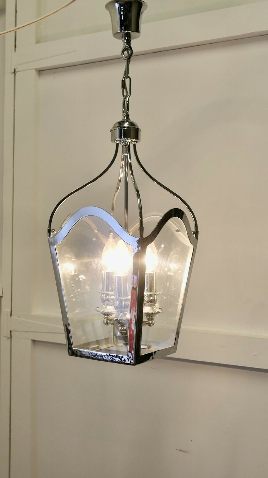 Large Art Deco Style Chrome And Glass Lantern, Hall Light photo Lighting