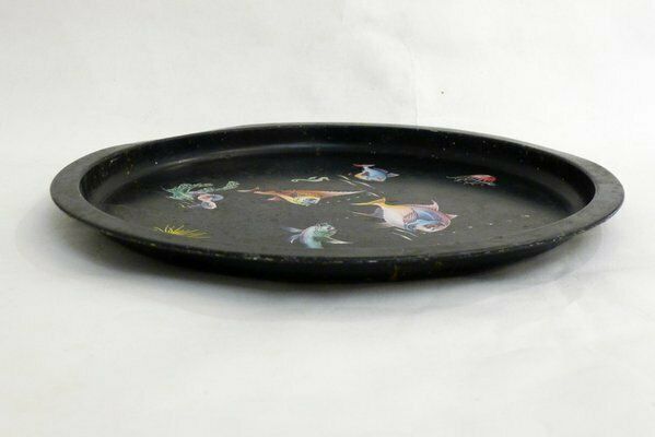 Round Tray Decorated With Fish & Anemones In Metal By Lefevre, France, 1960s photo buy