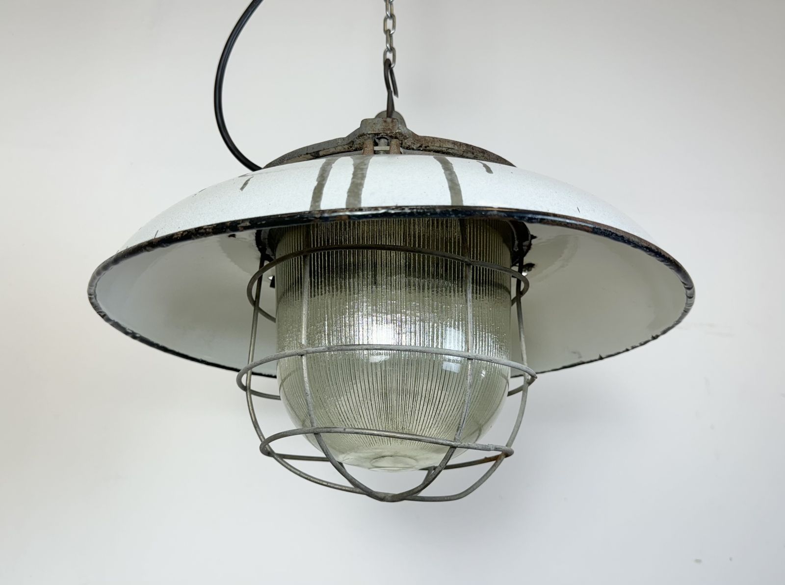 Industrial Grey Enamel Factory Cage Pendant Lamp In Cast Iron From Zaos, 1960s, 8x photo for sale