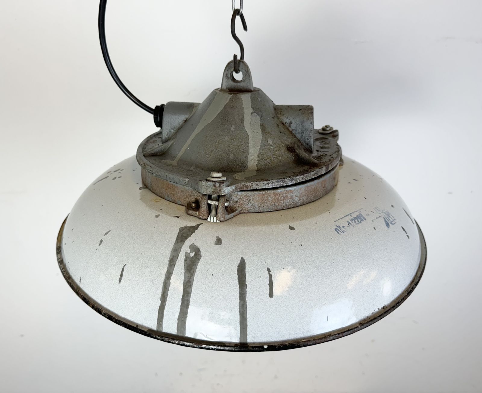Lighting Industrial Grey Enamel Factory Cage Pendant Lamp In Cast Iron From Zaos, 1960s, 8x photo