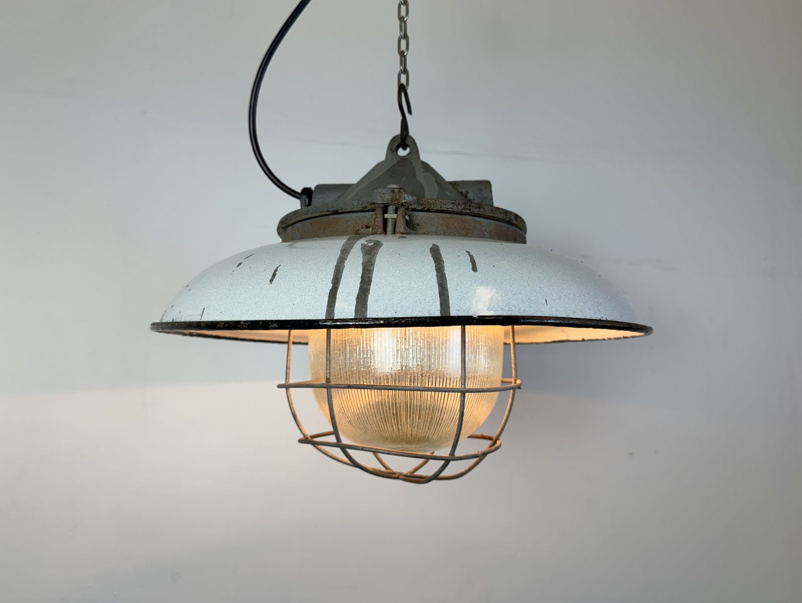 photo buy Industrial Grey Enamel Factory Cage Pendant Lamp In Cast Iron From Zaos, 1960s, 8x
