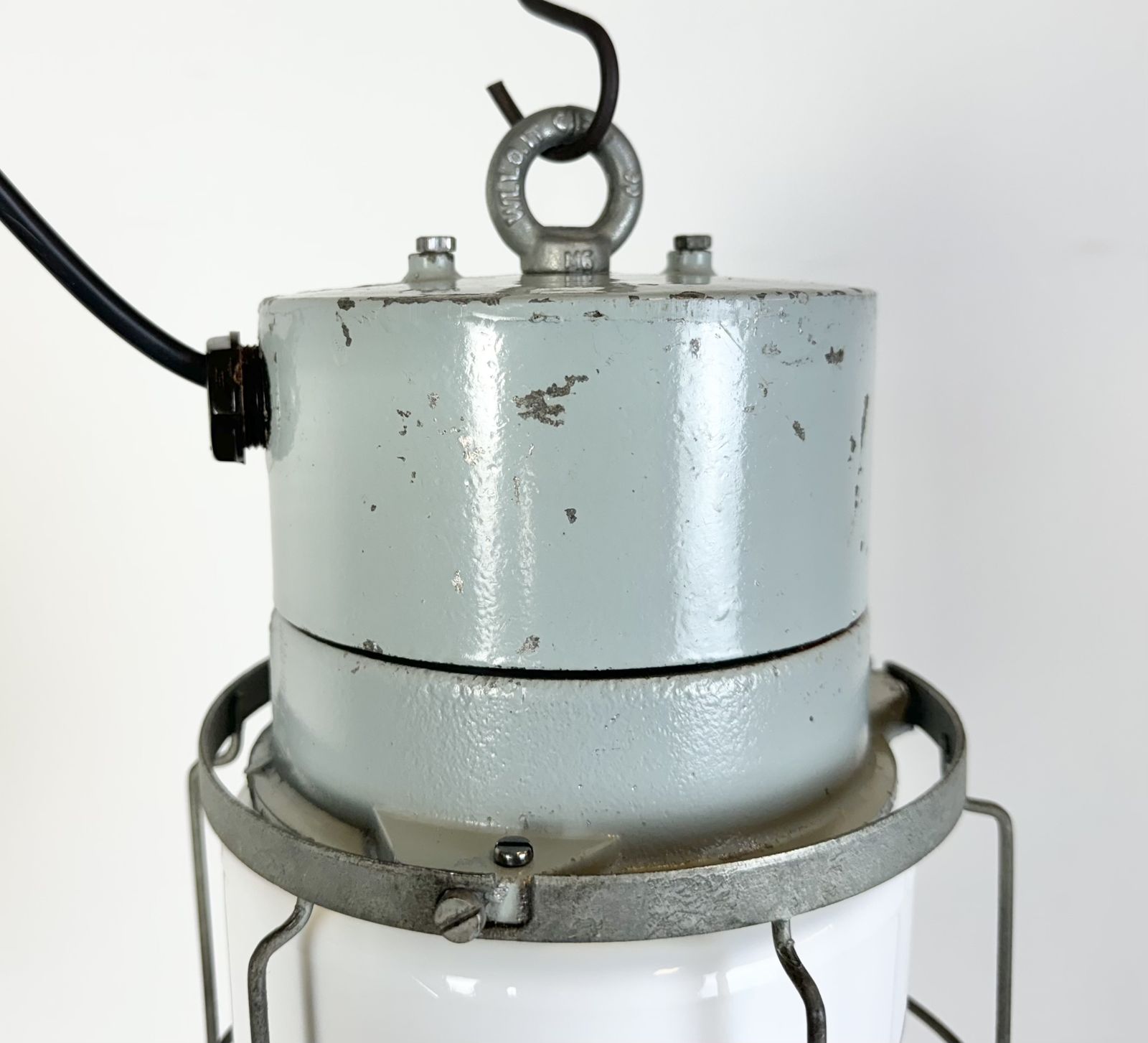 Industrial Aluminium Cage Light With Milk Glass From Elektrosvit, 1970s photo vintage