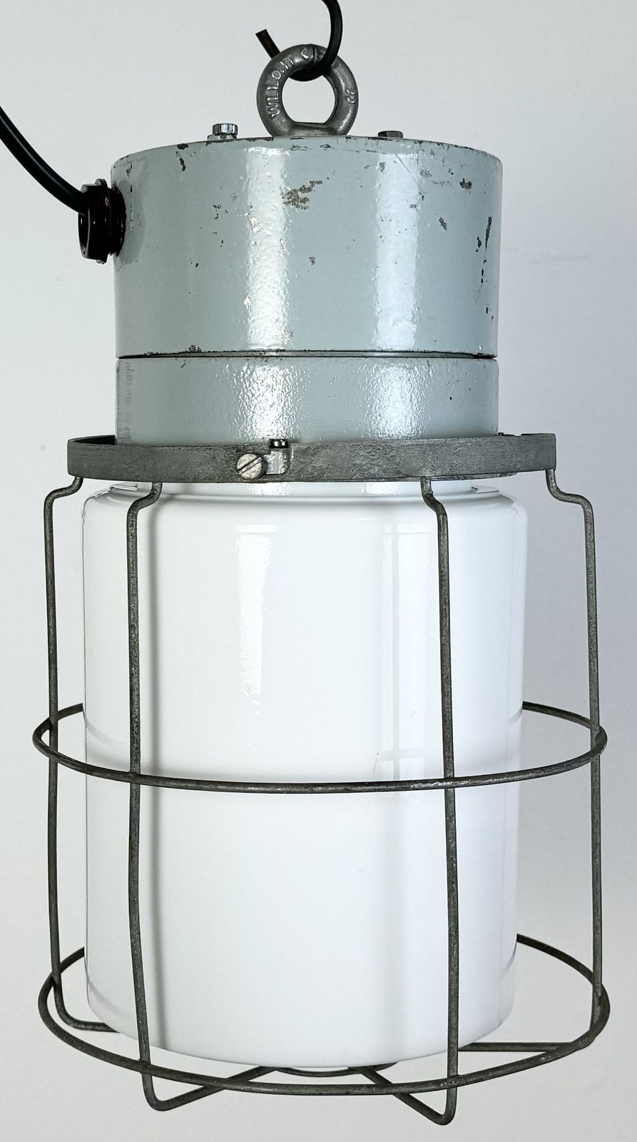 photo furniture Industrial Aluminium Cage Light With Milk Glass From Elektrosvit, 1970s