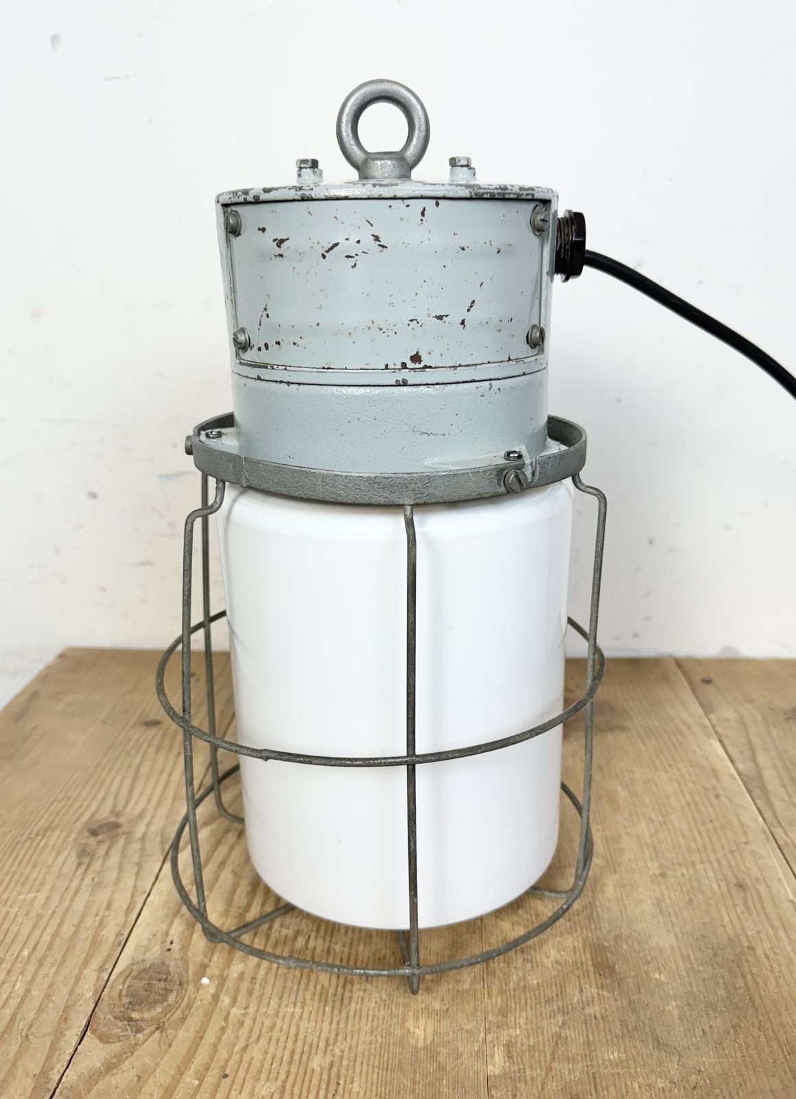 179.0 Industrial Aluminium Cage Light With Milk Glass From Elektrosvit, 1970s photo