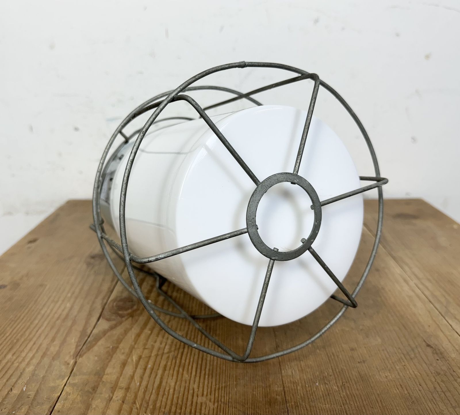 photo vinterior Industrial Aluminium Cage Light With Milk Glass From Elektrosvit, 1970s