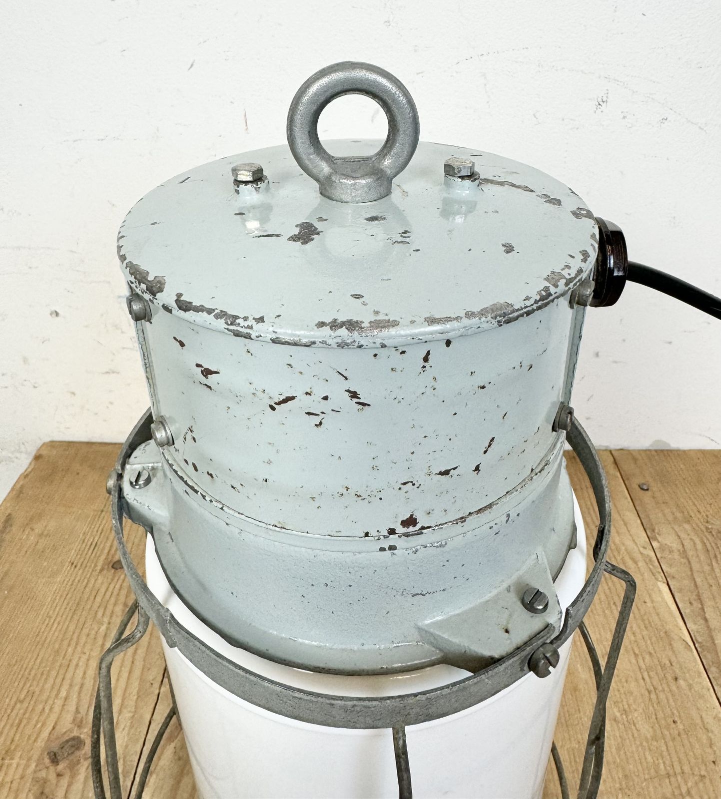 photo buy Industrial Aluminium Cage Light With Milk Glass From Elektrosvit, 1970s
