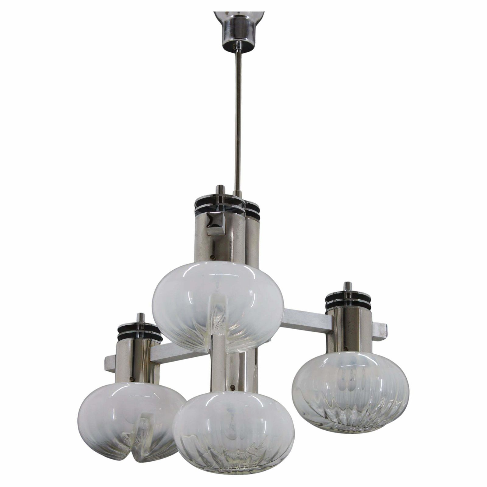 1970s Chrome Plated Chandelier With Murano Glass , Italy
