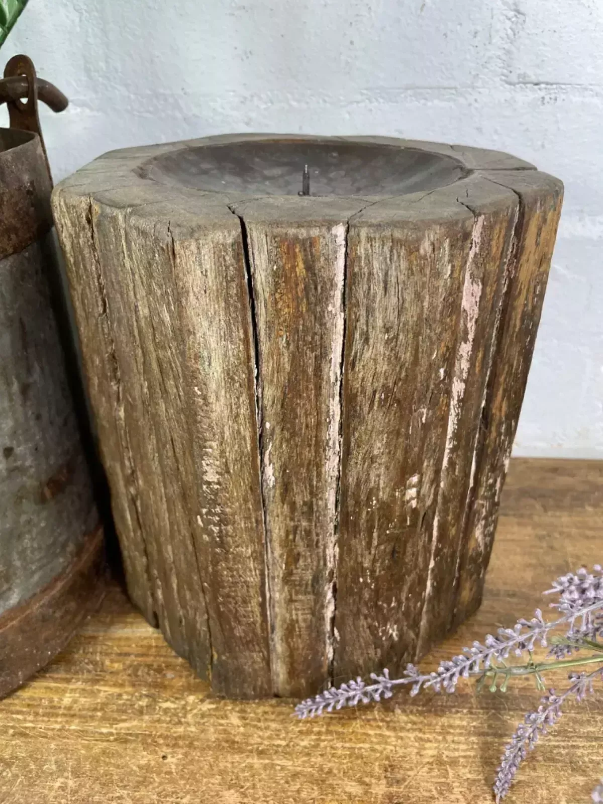Vintage Reclaimed Hand Carved Indian Wooden Pillar Base Candle Holder Plinth photo vintage