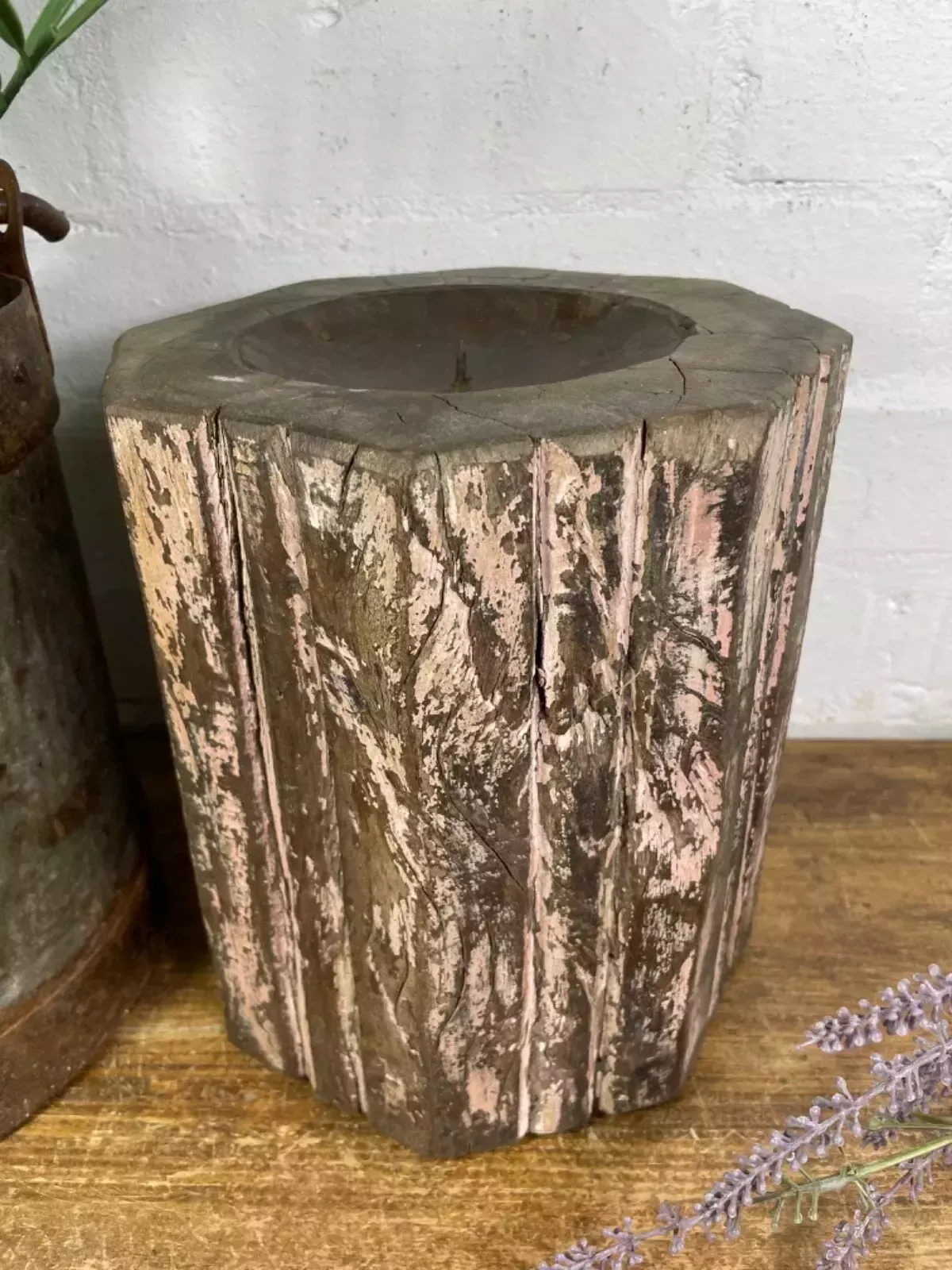 Vintage Reclaimed Hand Carved Indian Wooden Pillar Base Candle Holder Plinth photo vinterior
