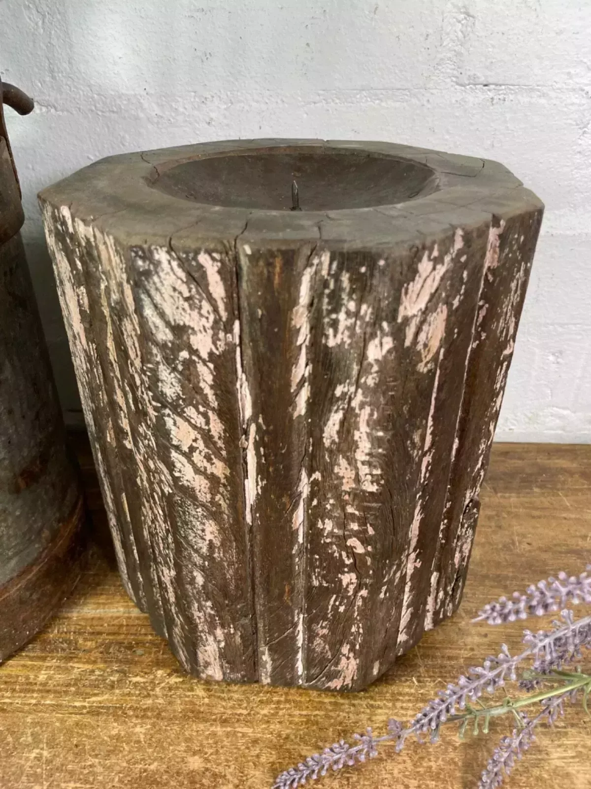 Vintage Reclaimed Hand Carved Indian Wooden Pillar Base Candle Holder Plinth photo vintage
