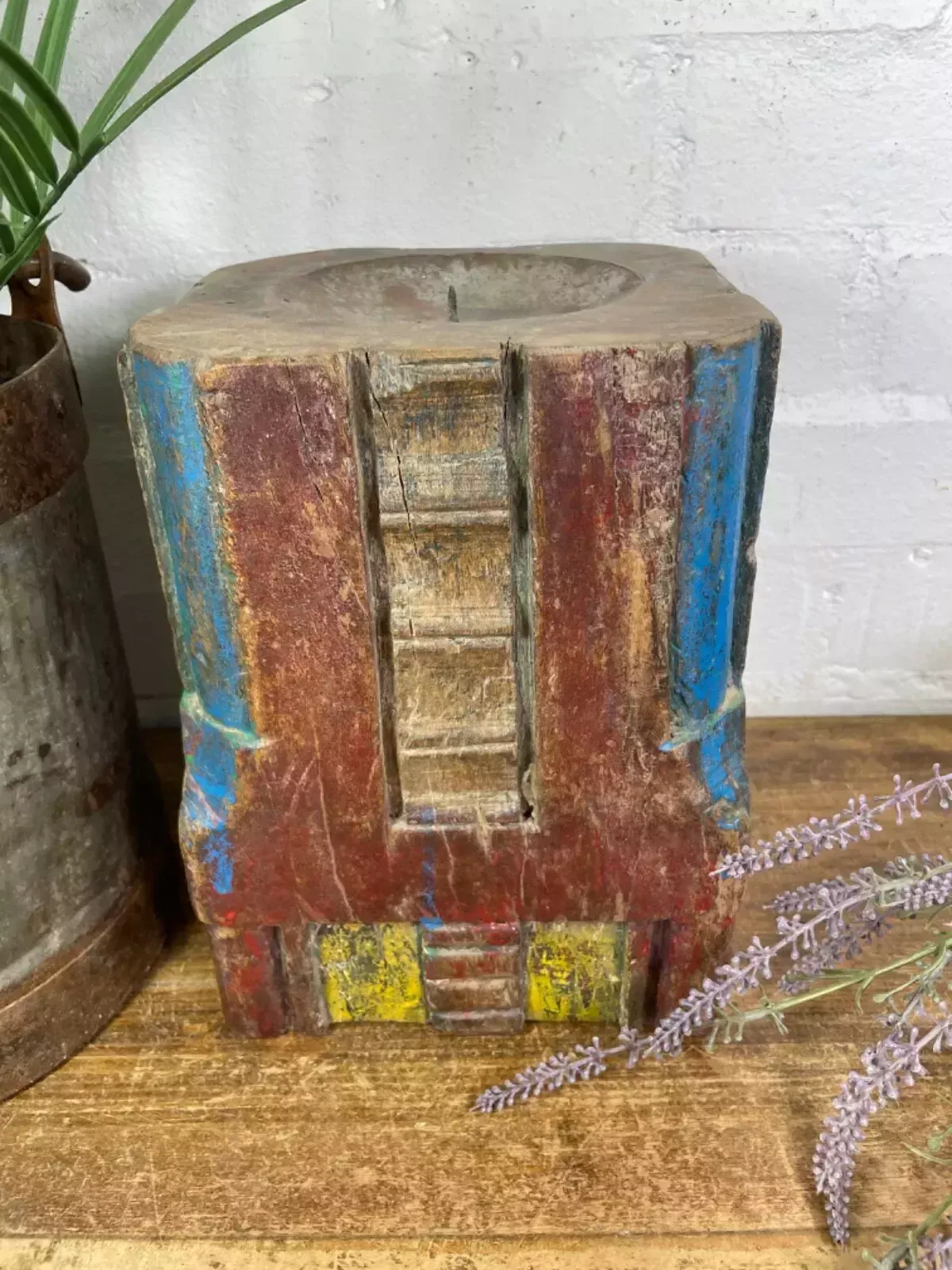 Vintage Reclaimed Hand Carved Indian Wooden Pillar Base Candle Holder Plinth photo furniture
