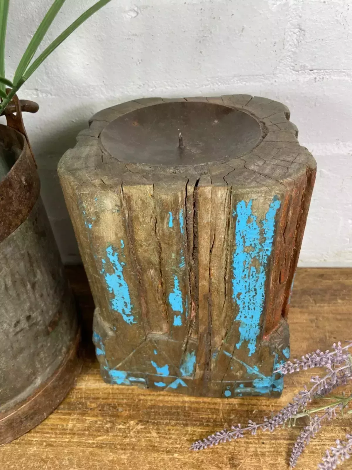 Vintage Reclaimed Hand Carved Indian Wooden Pillar Base Candle Holder Plinth photo for sale