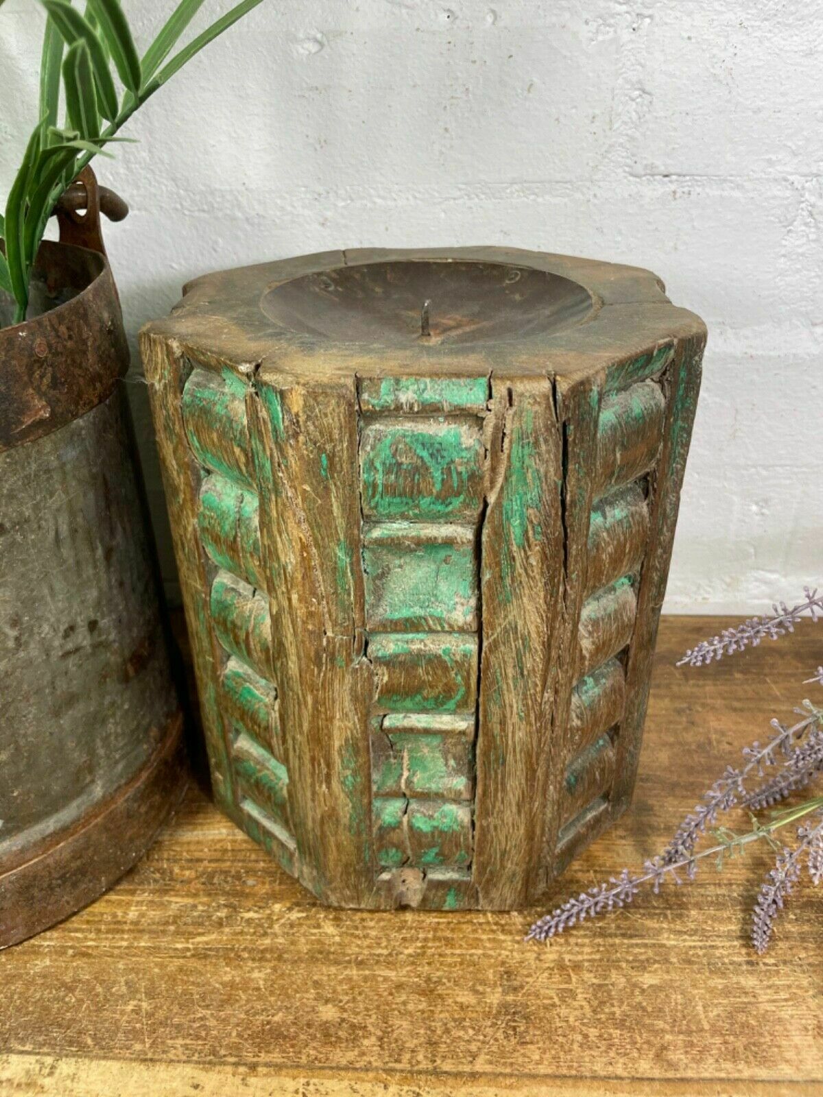 Vintage Reclaimed Hand Carved Indian Wooden Pillar Base Candle Holder Plinth photo furniture