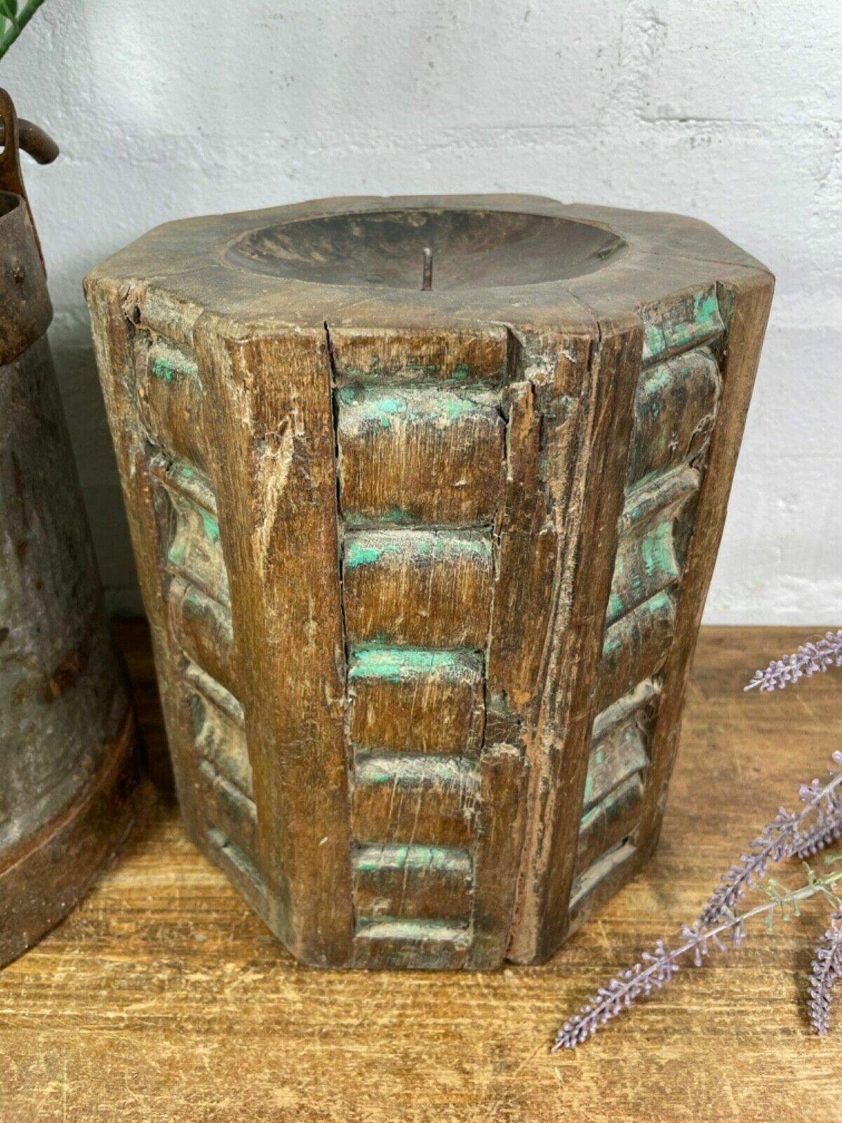Vintage Reclaimed Hand Carved Indian Wooden Pillar Base Candle Holder Plinth photo vinterior
