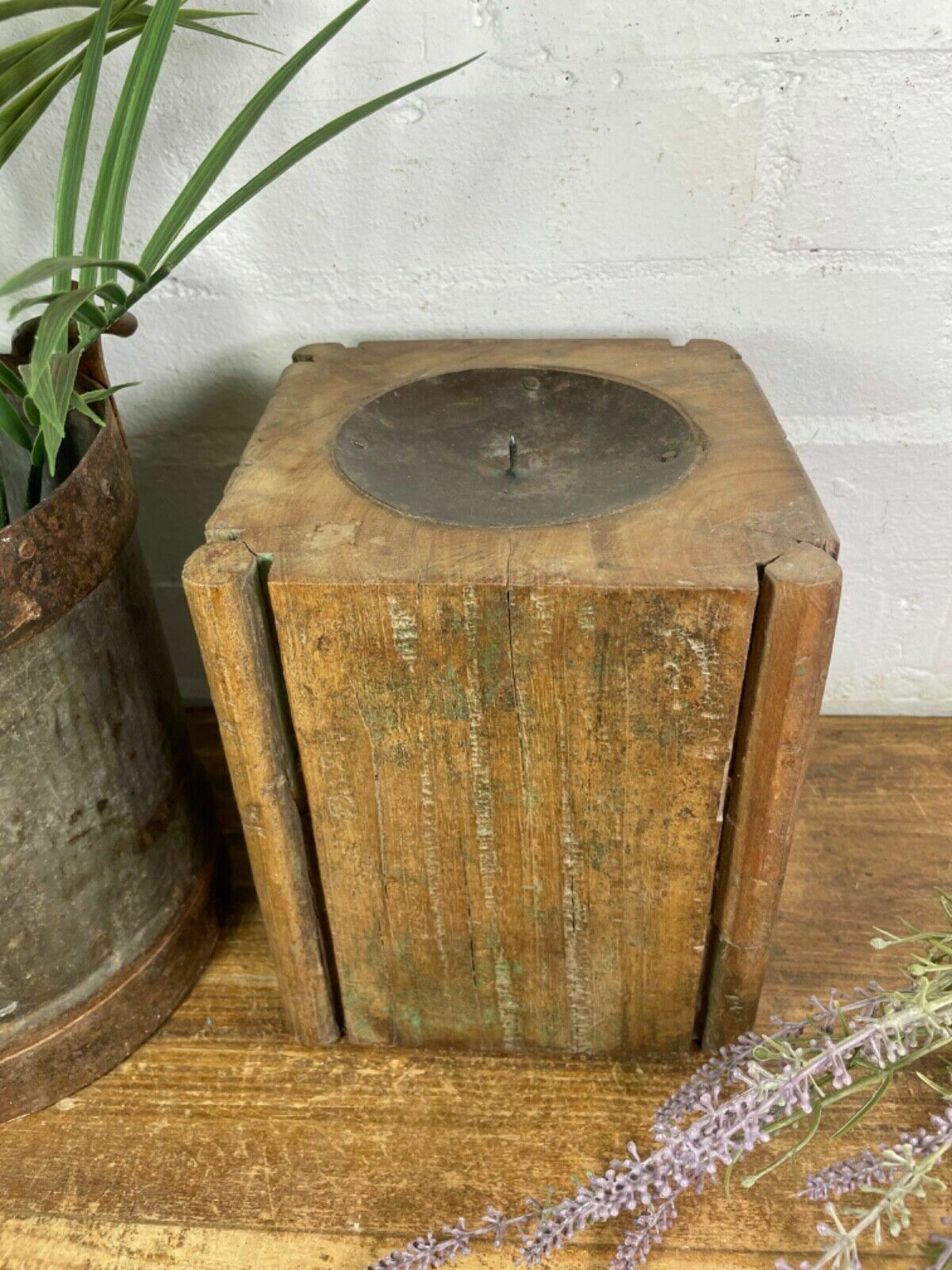 Vintage Reclaimed Hand Carved Indian Wooden Pillar Base Candle Holder Plinth photo for sale