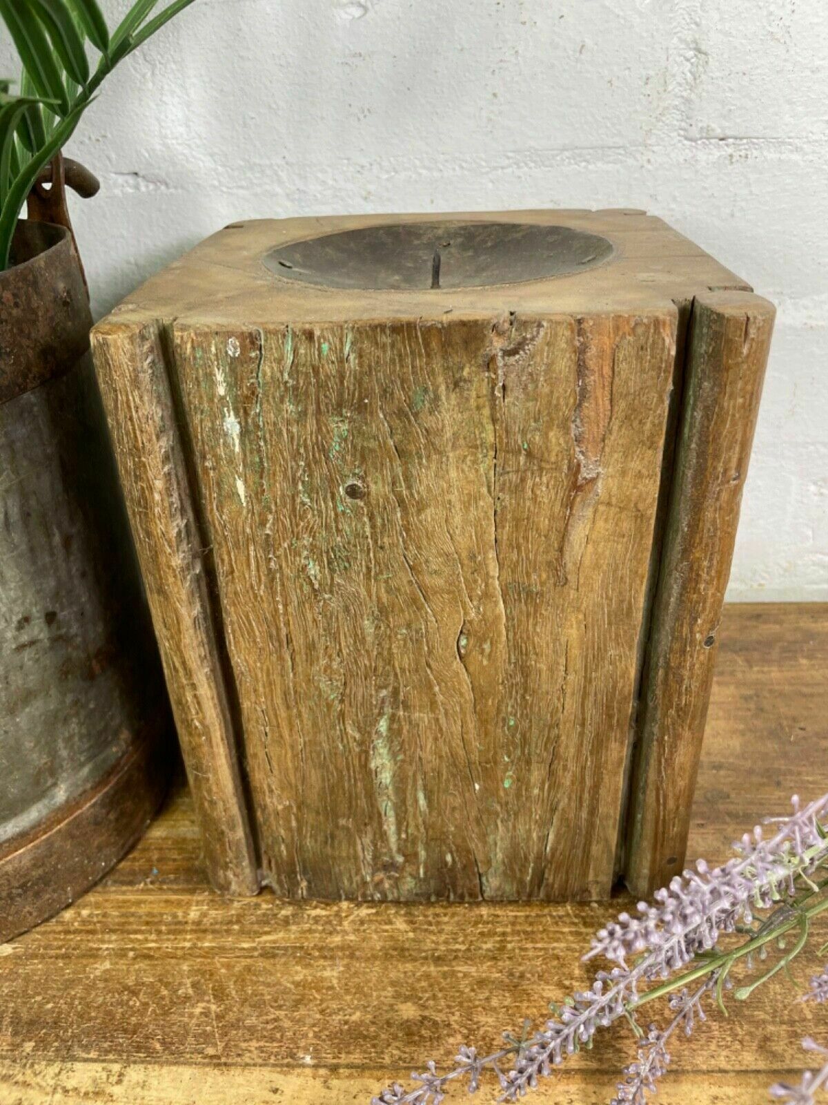 Vintage Reclaimed Hand Carved Indian Wooden Pillar Base Candle Holder Plinth photo vintage