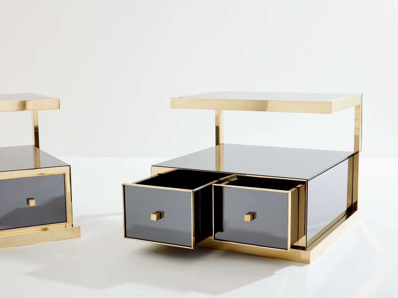 Pair Of Michel Pigneres Smoked Mirrored And Brass Side Tables 1970s photo vinterior