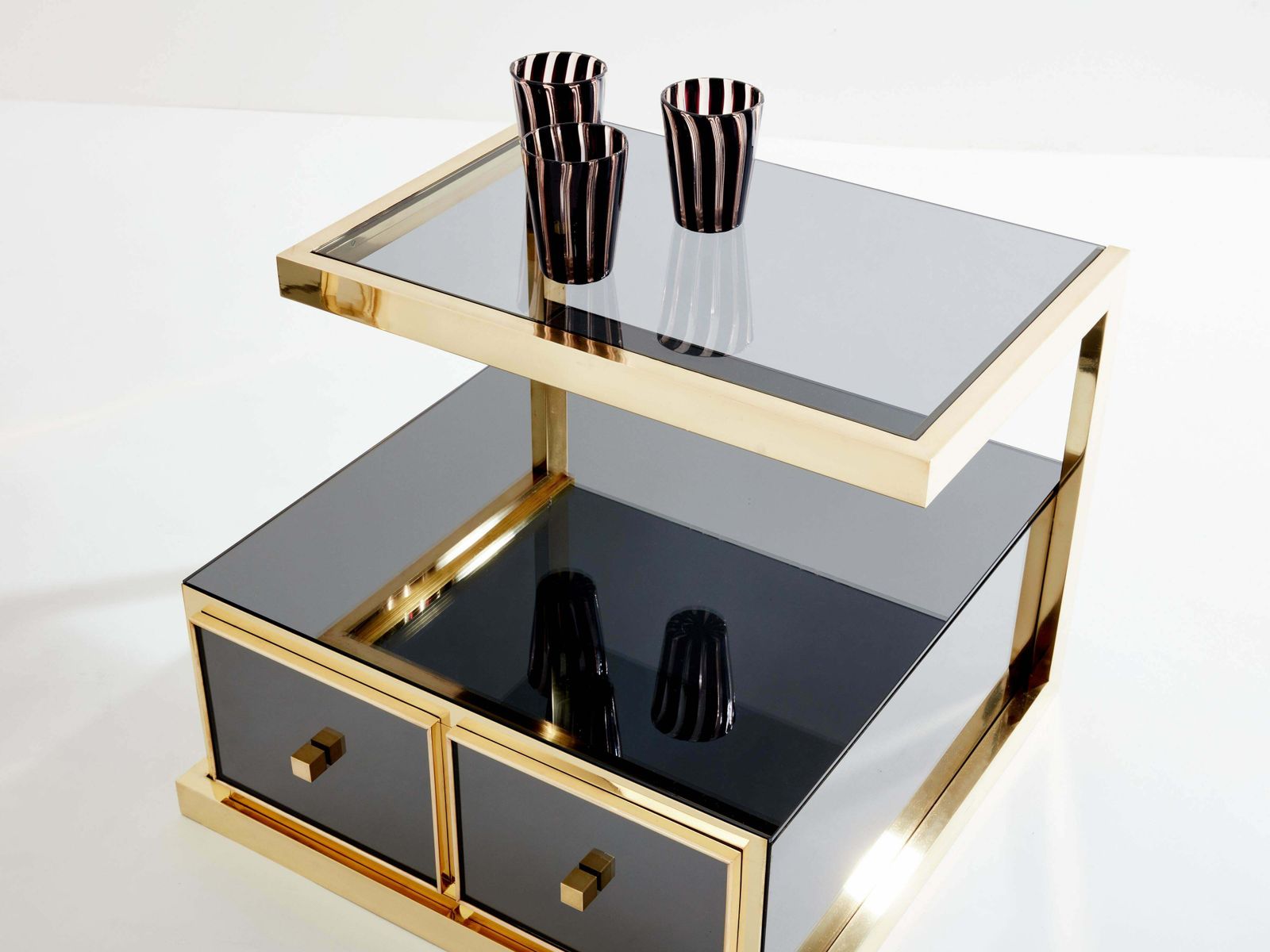 photo furniture Pair Of Michel Pigneres Smoked Mirrored And Brass Side Tables 1970s