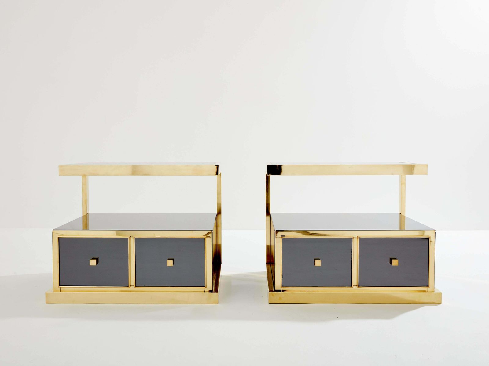 Furniture Pair Of Michel Pigneres Smoked Mirrored And Brass Side Tables 1970s photo