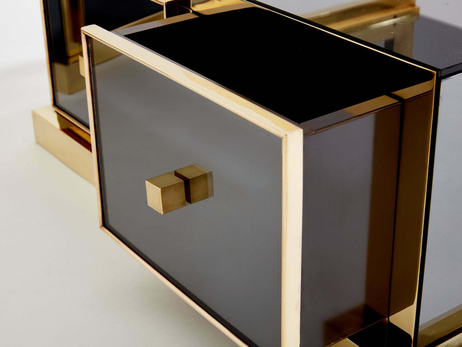 18096.0 Pair Of Michel Pigneres Smoked Mirrored And Brass Side Tables 1970s photo