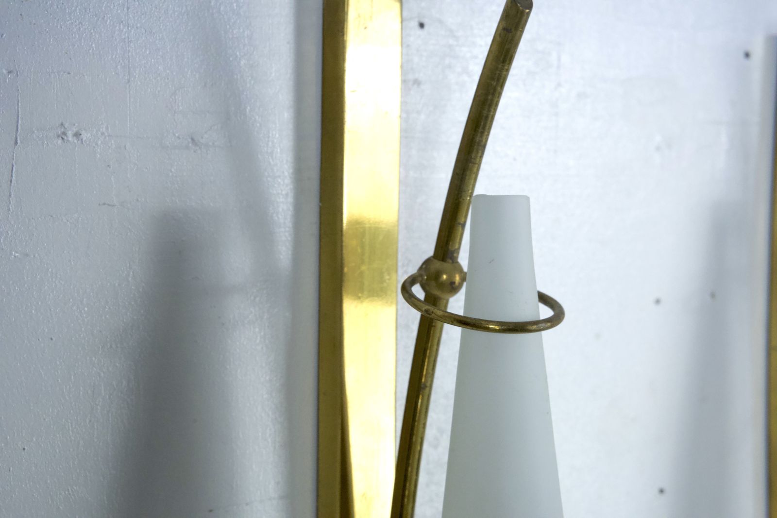 Set Of Three Sconces In Brass And Triplex Opaline Glass In Arredoluce Manner. Italy 1950s photo vintage