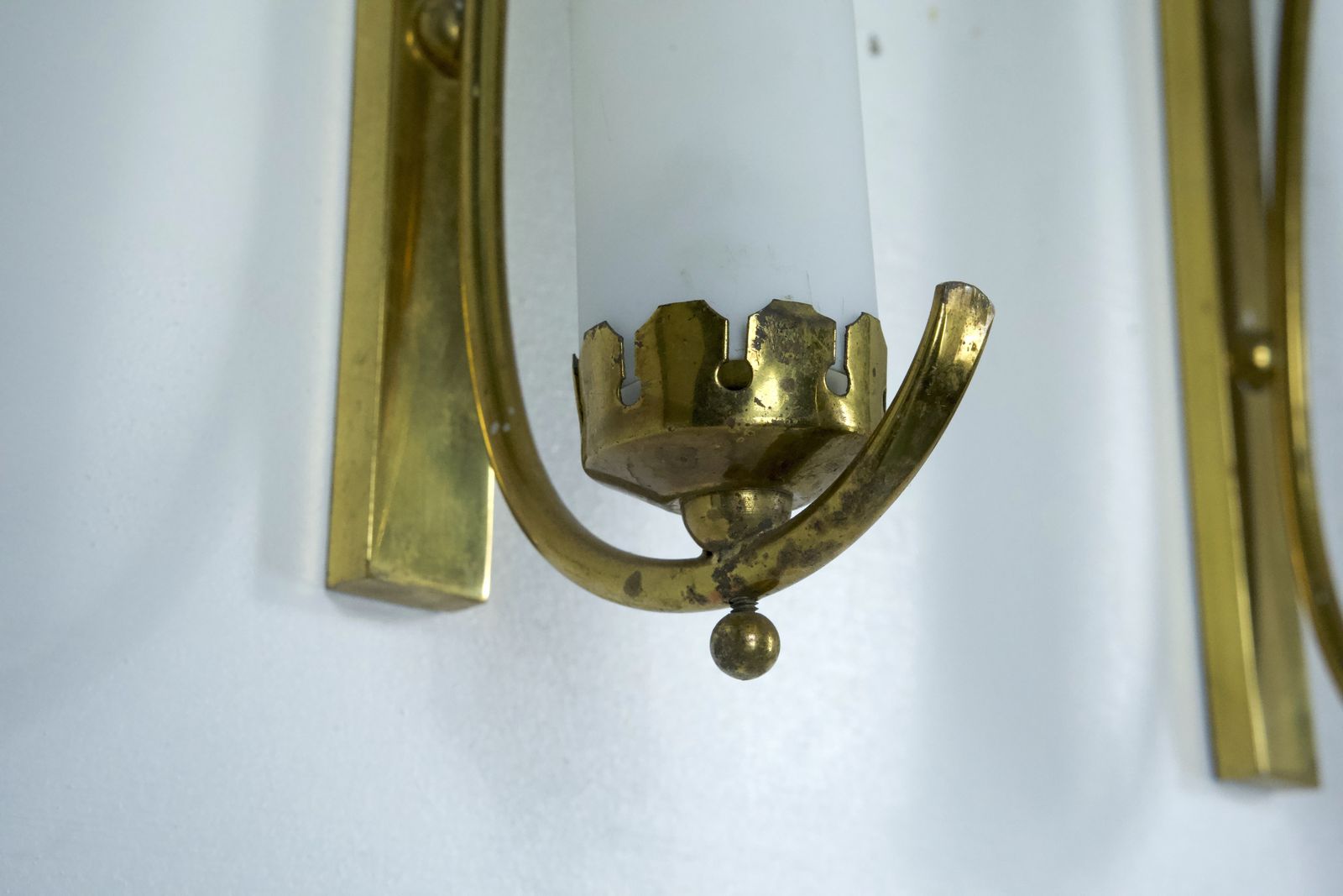 1950.0 Set Of Three Sconces In Brass And Triplex Opaline Glass In Arredoluce Manner. Italy 1950s photo