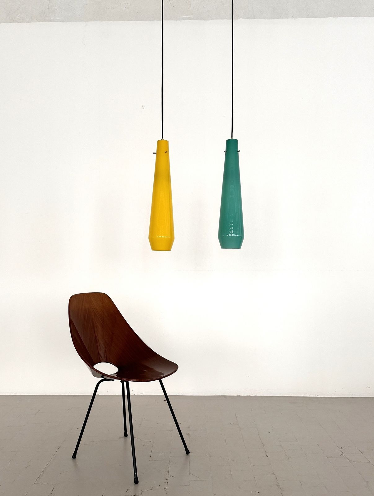 photo for sale Italian Murano Glass Pendants In Green And Yellow By Vistosi, 1970s, Set Of 2