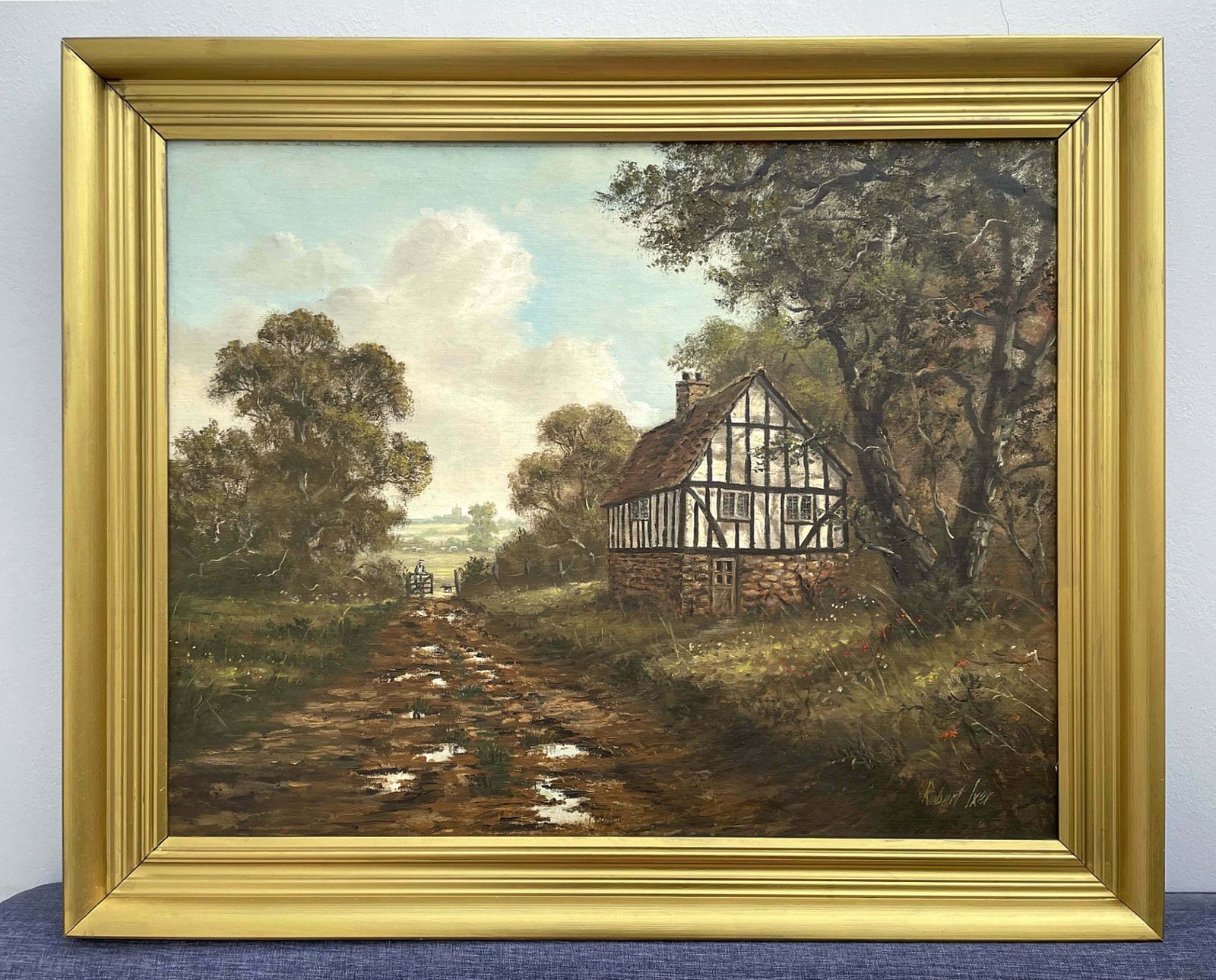 Superb C20th Vintage Oil On Canvas Board   Rural Cottage With A Farmer & His Dog   Robert Ixer