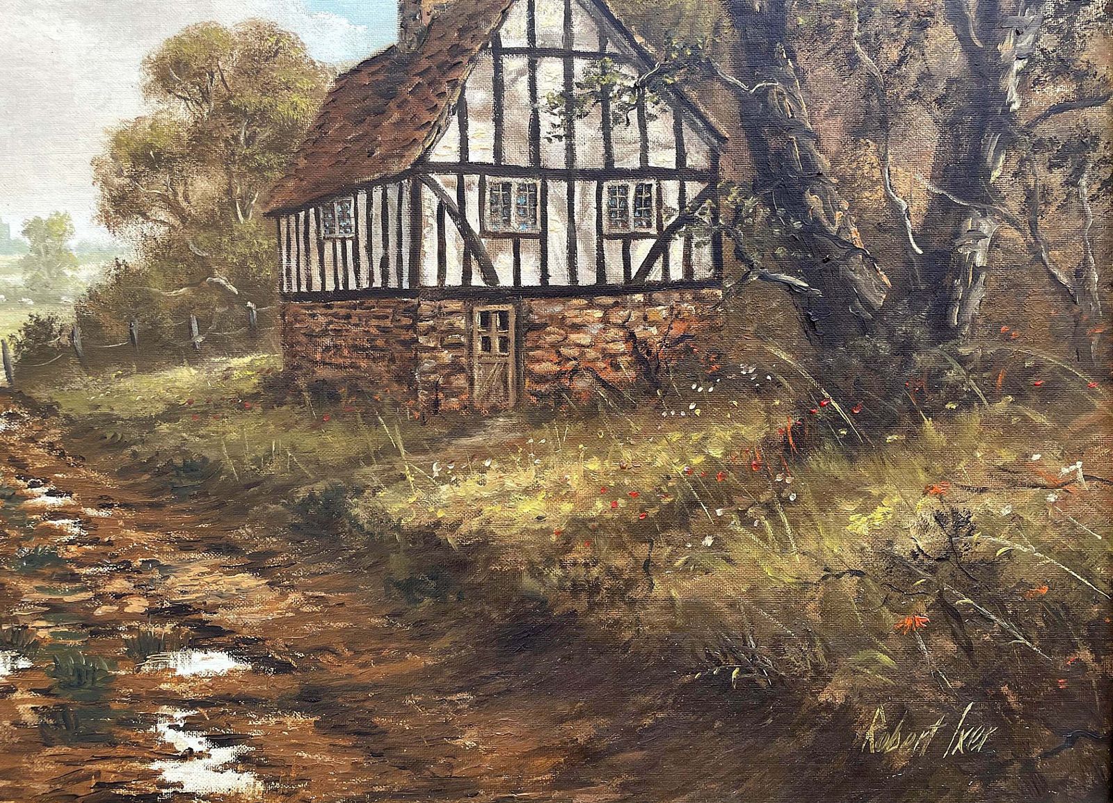 Superb C20th Vintage Oil On Canvas Board   Rural Cottage With A Farmer & His Dog   Robert Ixer photo Art