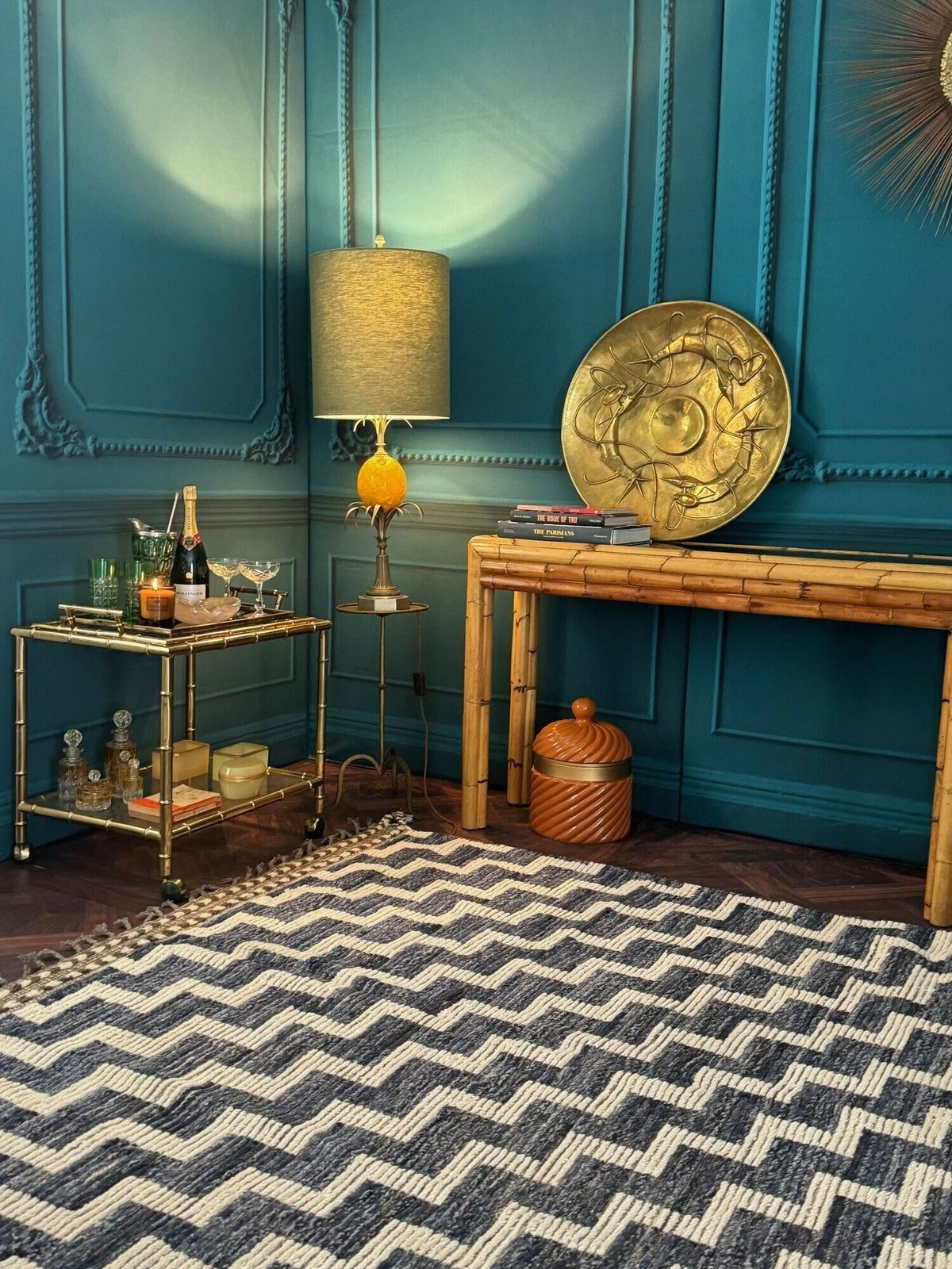 A Handmade Morrocan Beni Ourain Berber Rug With Blue And White Stepped Design. photo furniture