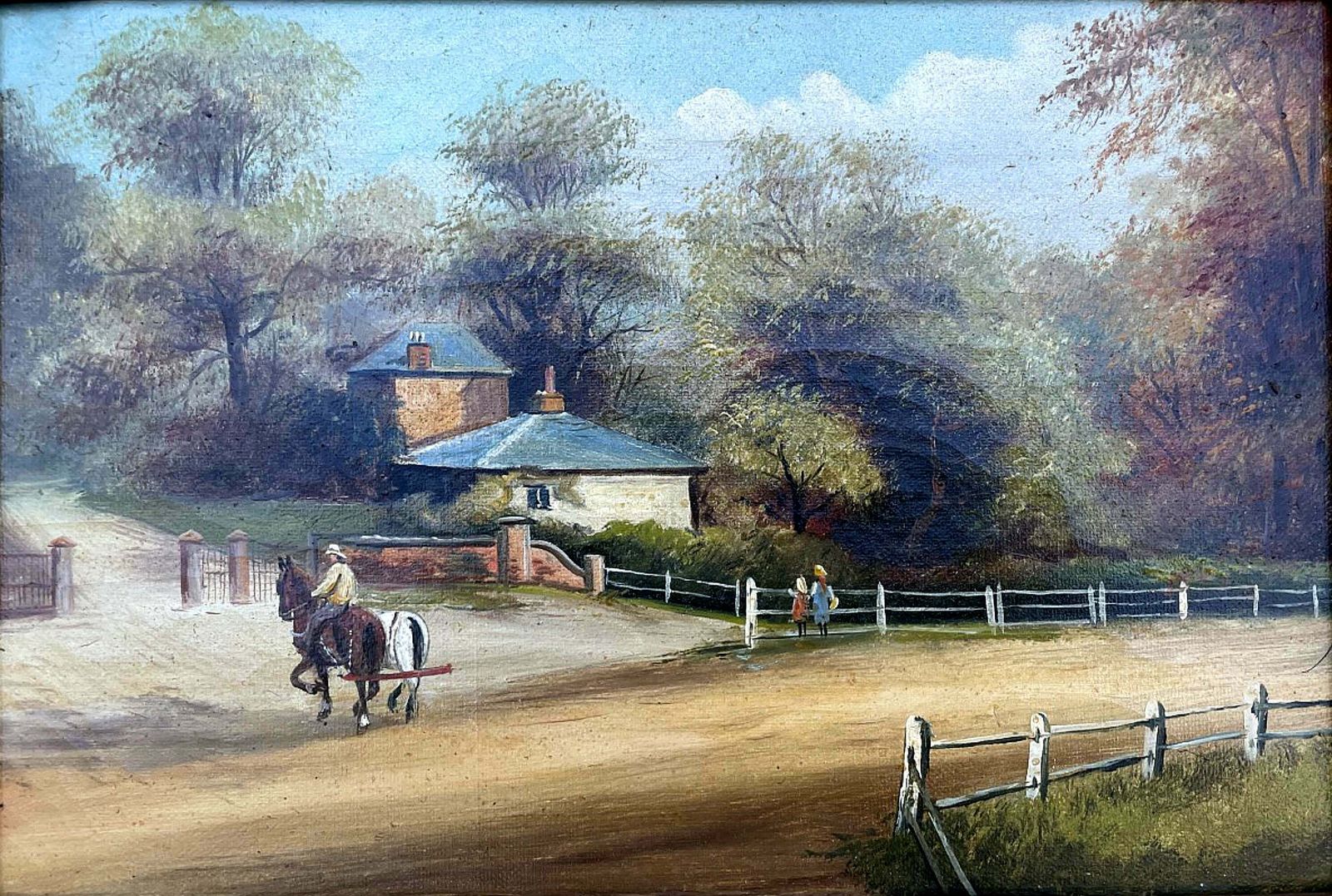 Delightful C19th Victorian English School Oil On Canvas   Figures On A Rural Lane photo for sale