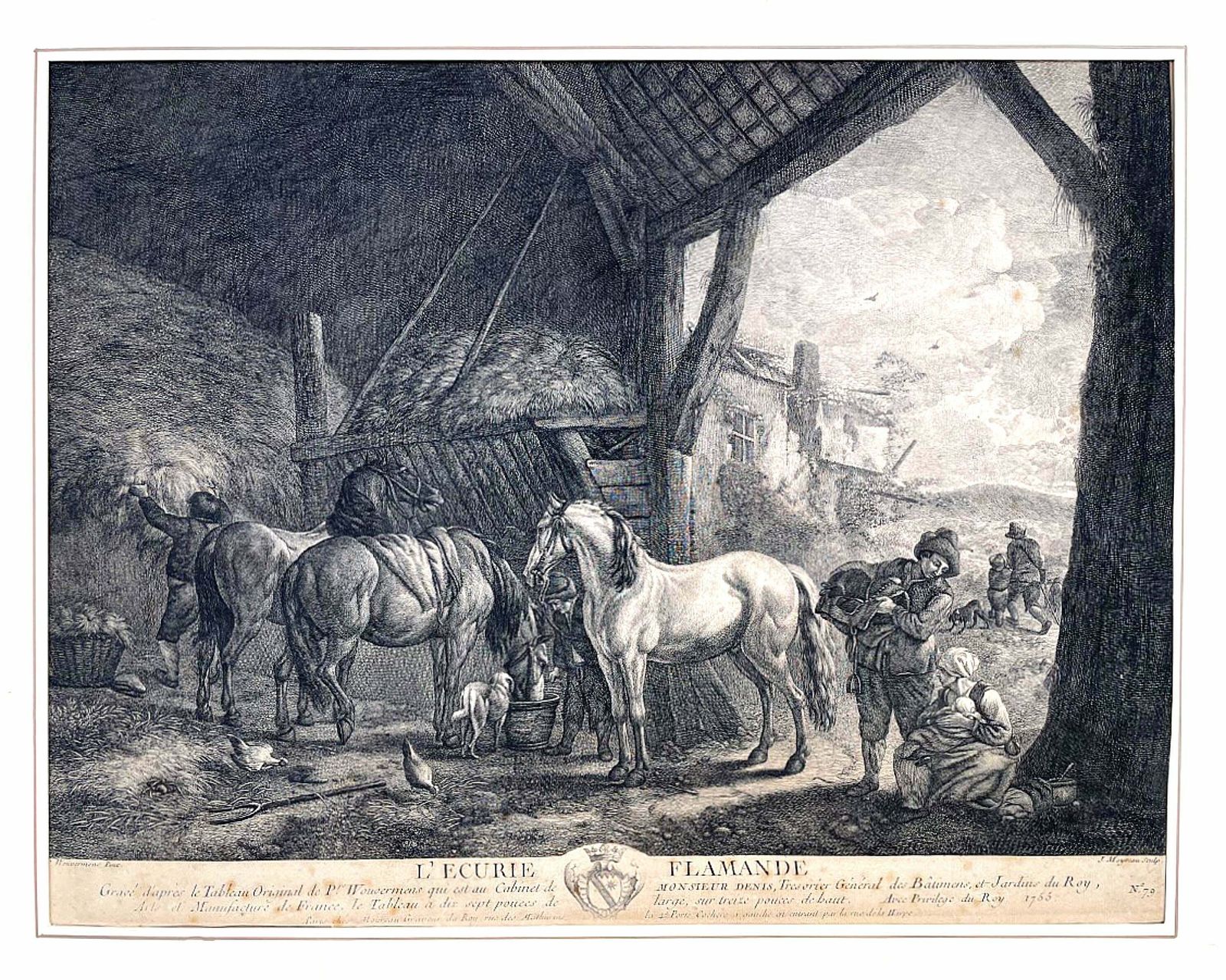Fine Mid C18th Copper Plate Engraving "L'ecurie Flamande" By Jean Moyreau Aft. P. Wouvermans 1755 photo furniture