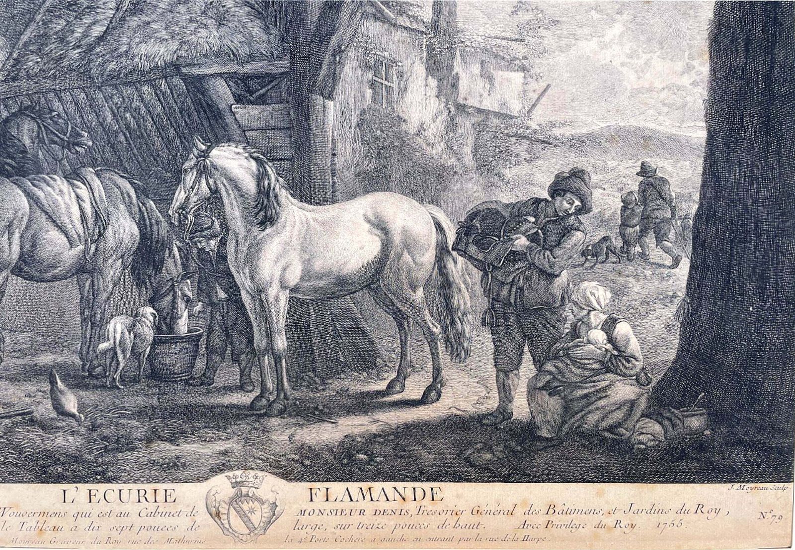 Fine Mid C18th Copper Plate Engraving "L'ecurie Flamande" By Jean Moyreau Aft. P. Wouvermans 1755 photo Art