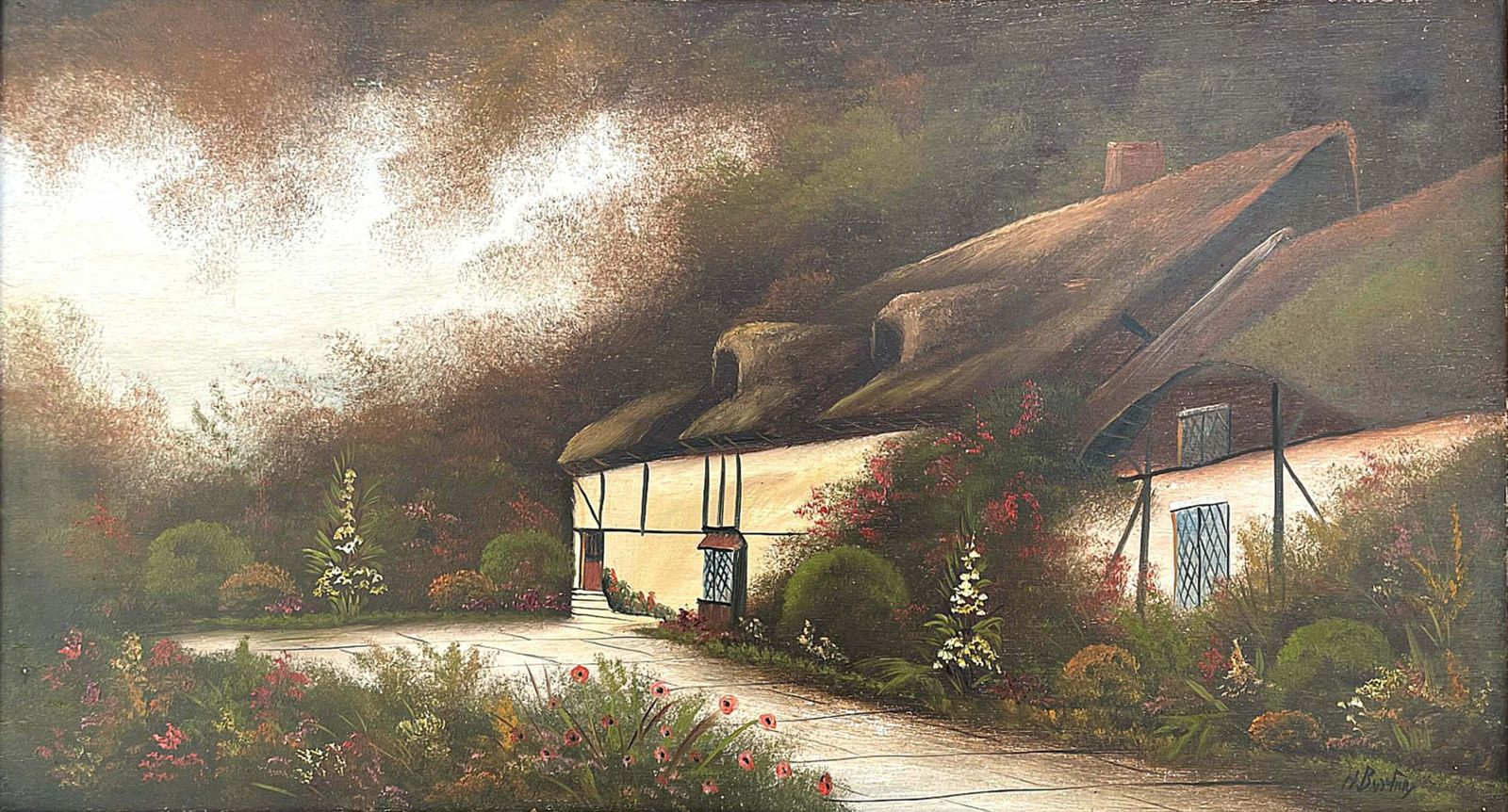 Fine Edwardian Oil On Wood Panel   Thatched Rural Cottage By Hal Burton photo furniture