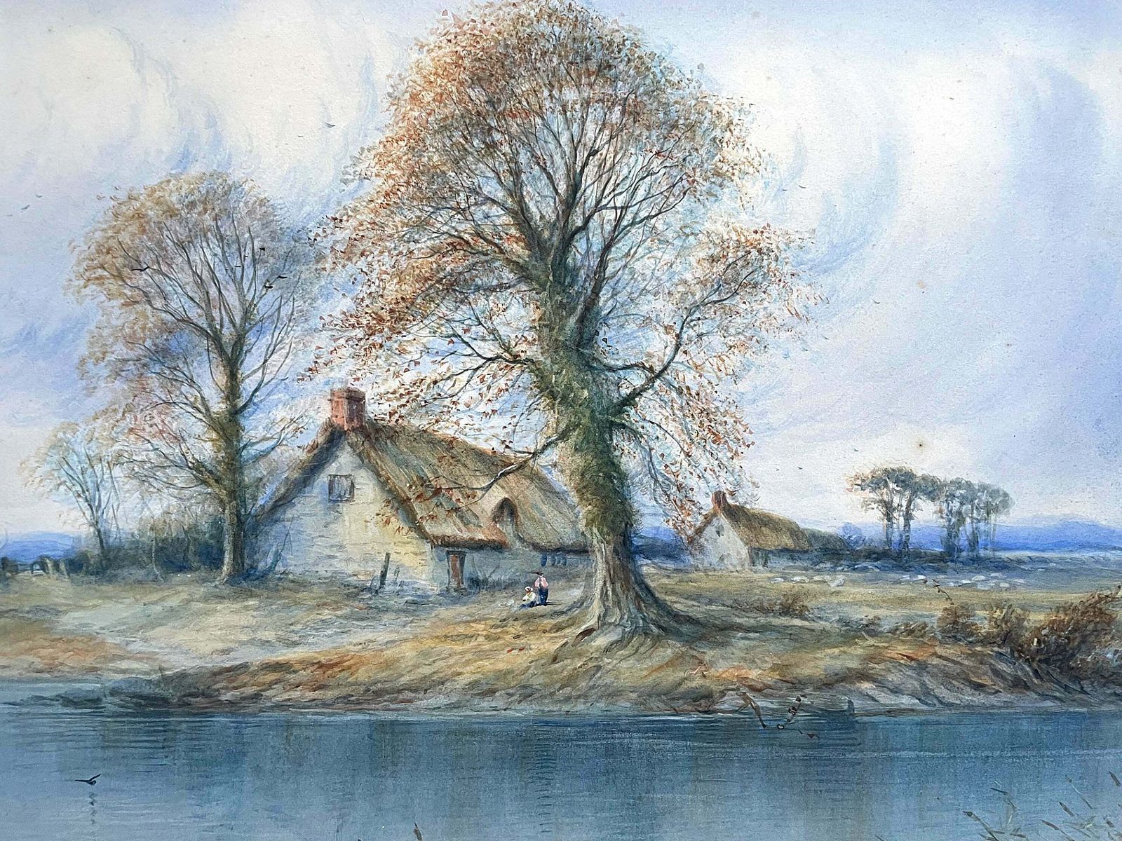 An Exquisite Early C20th Watercolour   Thatched Cottages By A River   William John Baker 1913 photo for sale