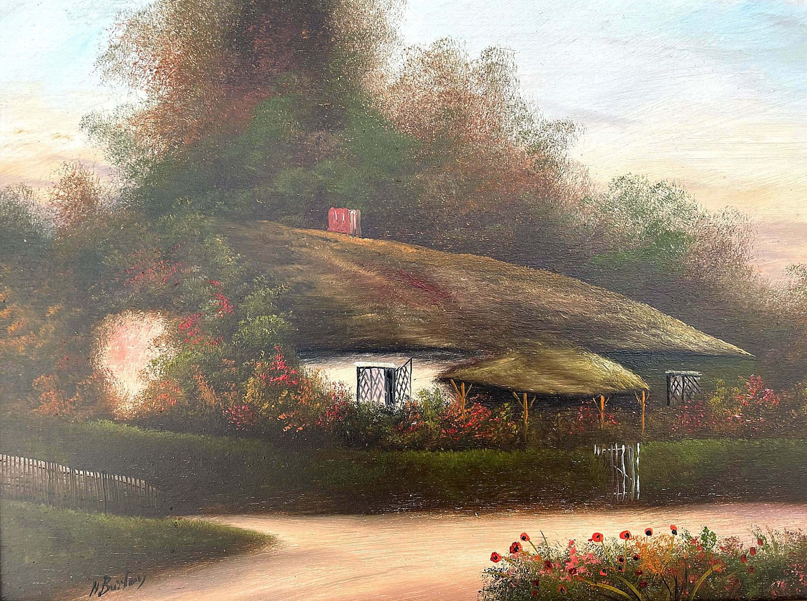 Delightful Edwardian Oil On Wood Panel   Thatched Country Cottage By Hal Burton photo Art