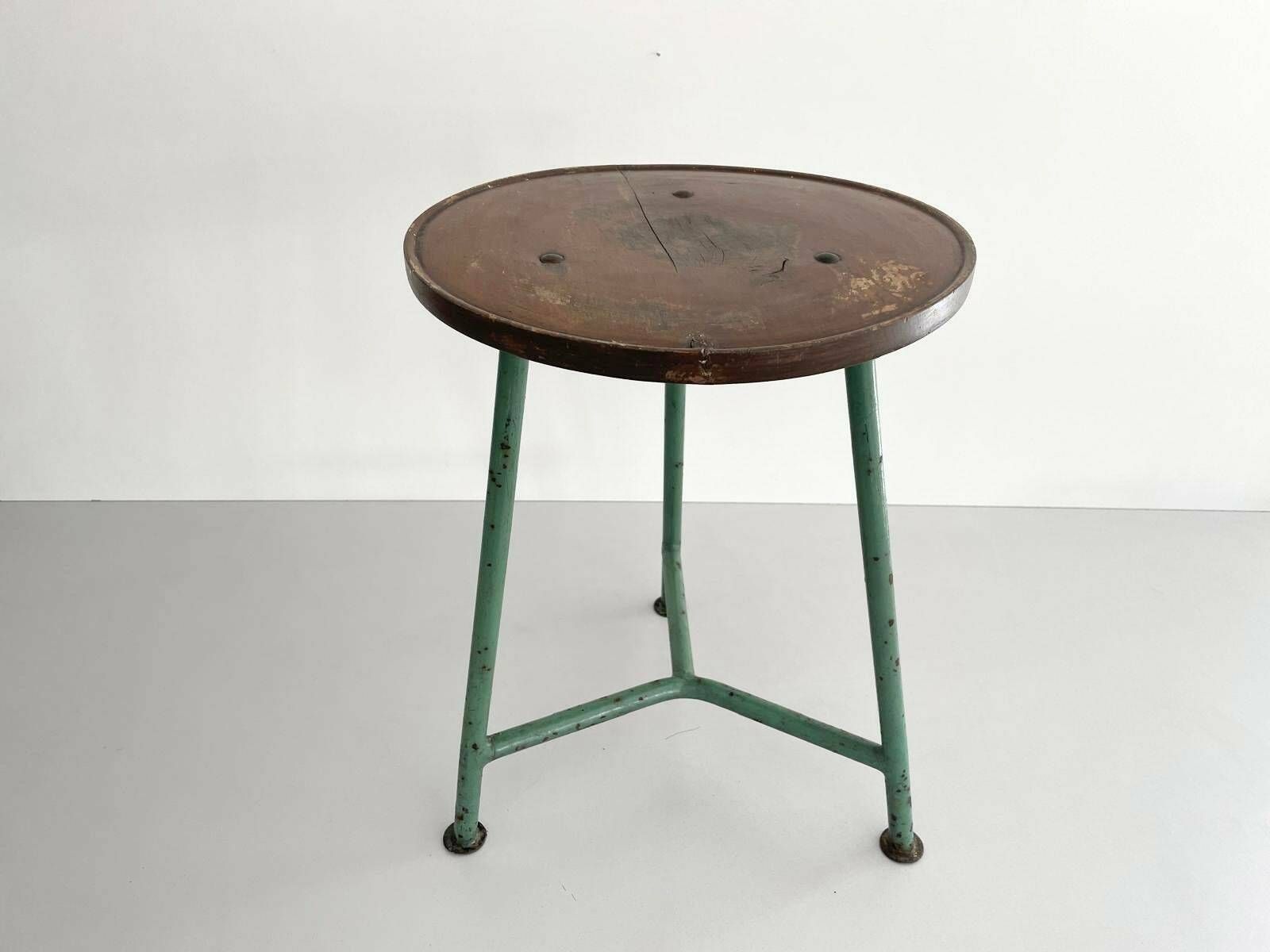 Round Wood Top Industrial Stool With Green Iron Tripod Legs, Germany, 1940s