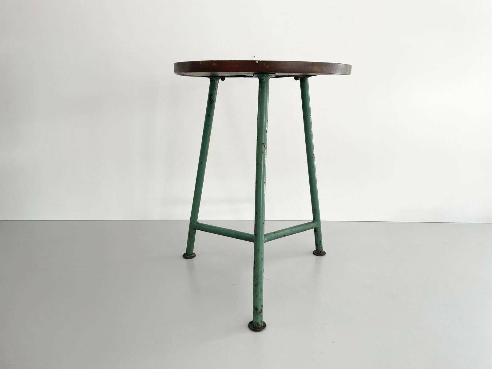 Round Wood Top Industrial Stool With Green Iron Tripod Legs, Germany, 1940s photo Furniture