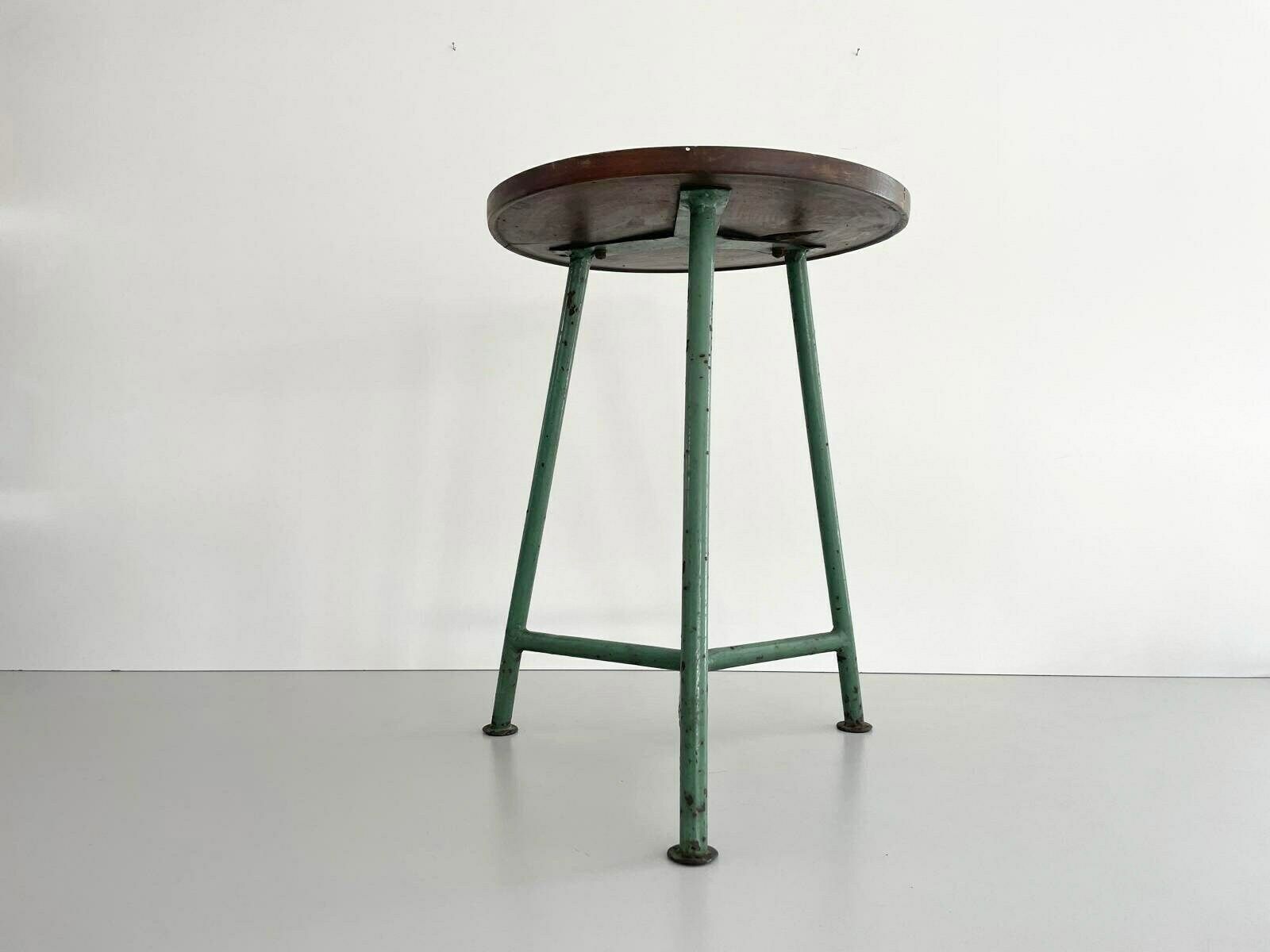 Round Wood Top Industrial Stool With Green Iron Tripod Legs, Germany, 1940s photo 490.0