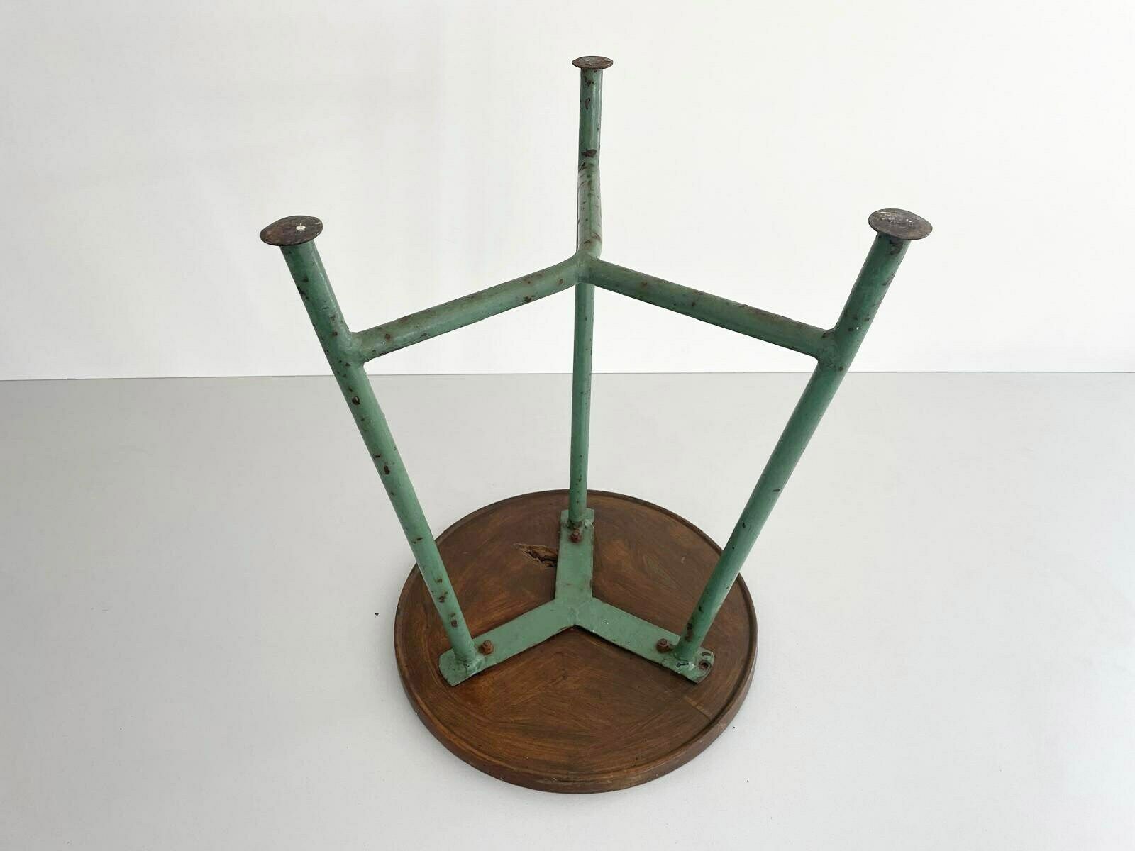 Round Wood Top Industrial Stool With Green Iron Tripod Legs, Germany, 1940s photo vinterior