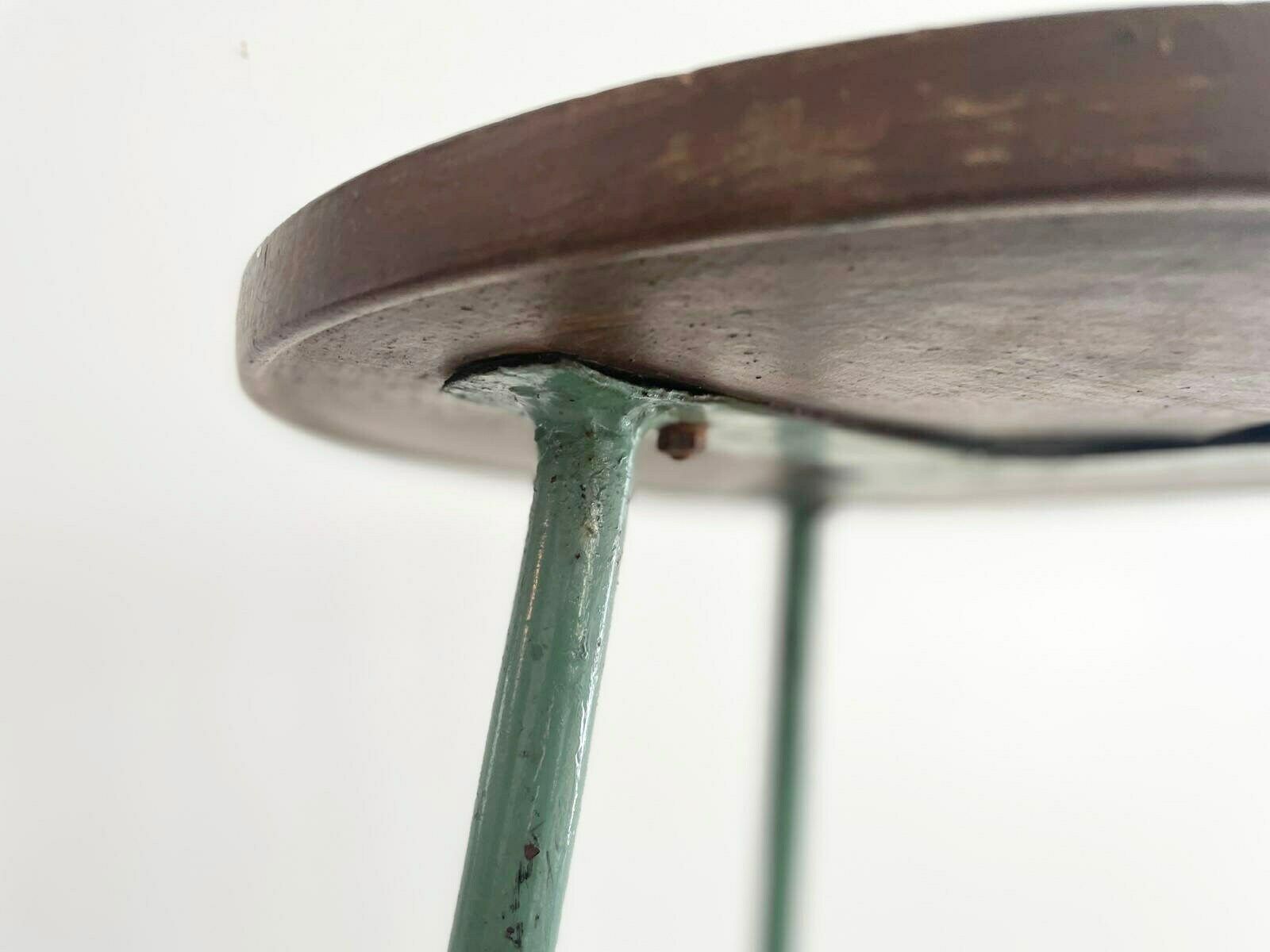 photo furniture Round Wood Top Industrial Stool With Green Iron Tripod Legs, Germany, 1940s