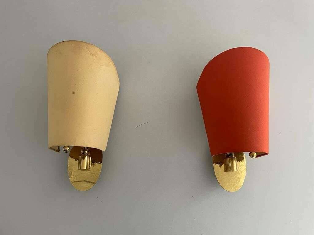 Orange And Yellow Fabric Shade Pair Of Sconces, 1950s, Germany