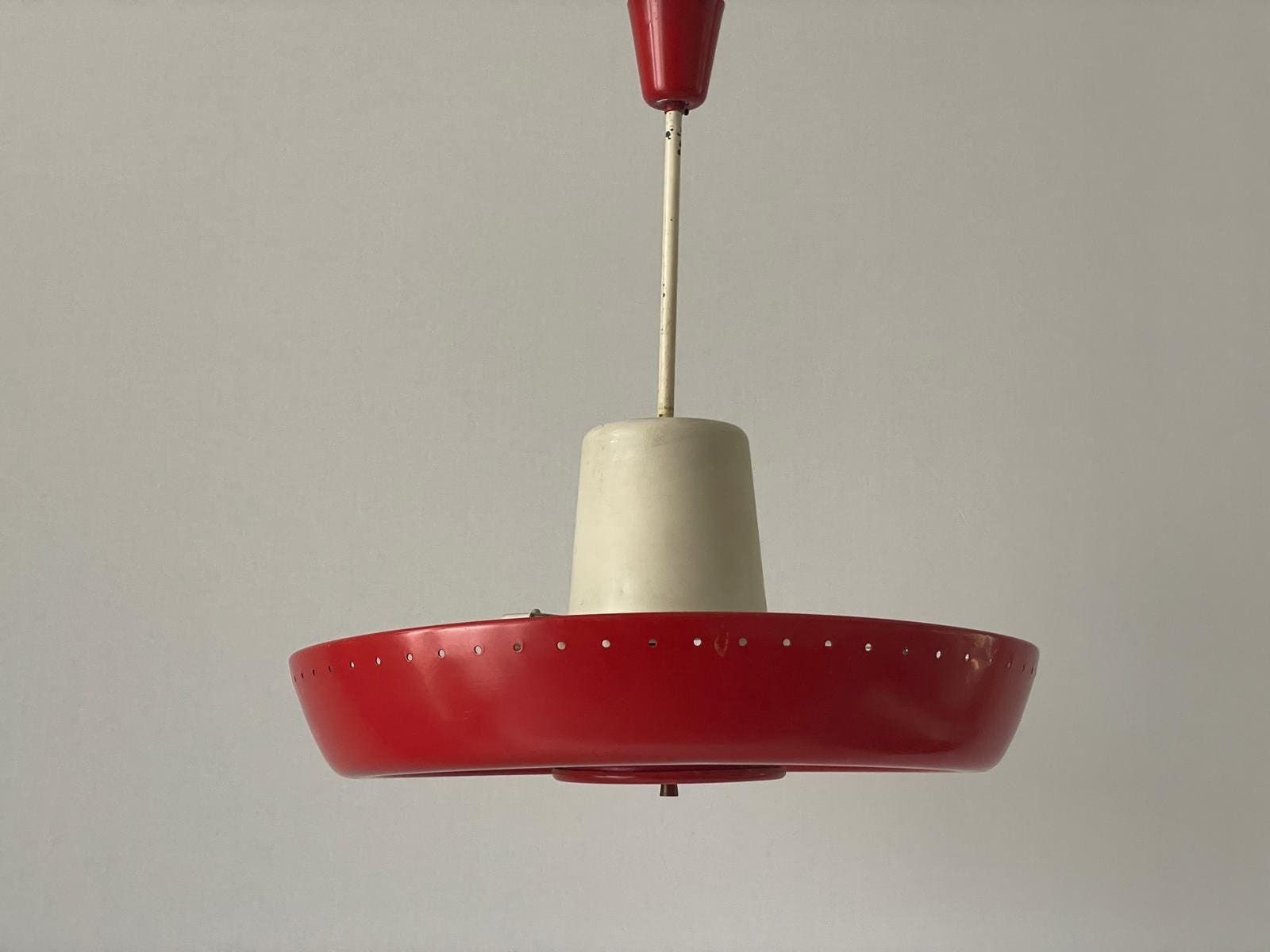 photo for sale Art Deco Industrial Red Cinema Ceiling Lamp With Circle Fluorescent Tube, 1940s, Germany