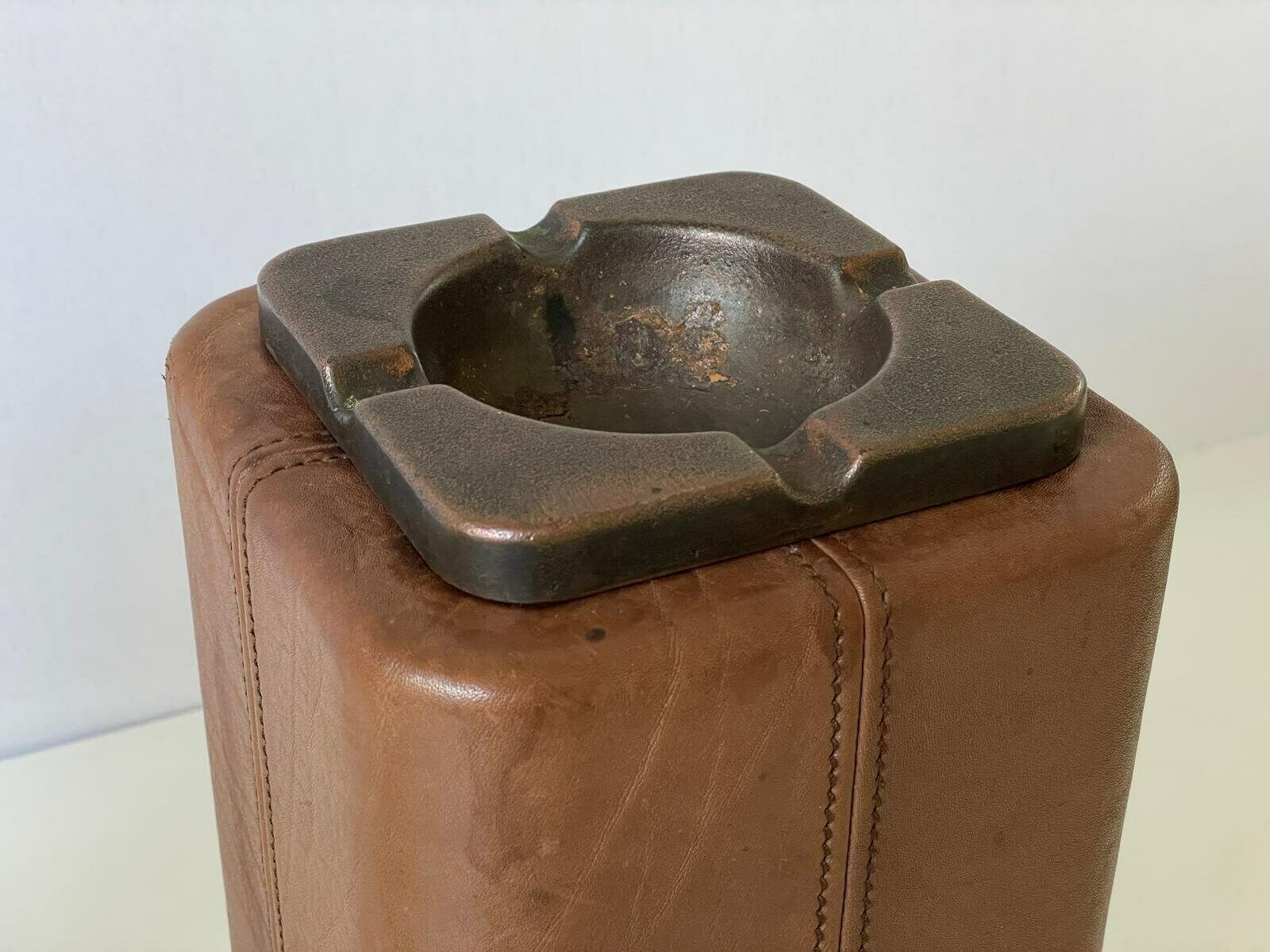 Mid Century Modern Swiss Made Lux Leather Pair Of Floor Ashtrays With Bronze Top, 1960s, Switzerland photo vintage